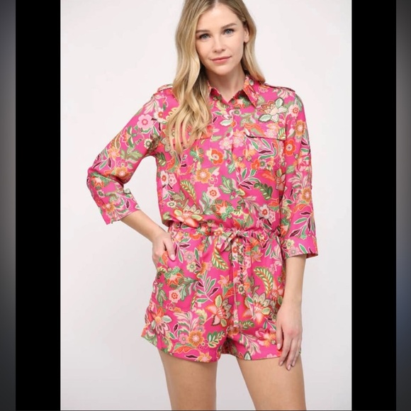Fate Pants - Fate Pink & Green Floral Romper Button Front Drawstring Waist w/Pockets, Size L